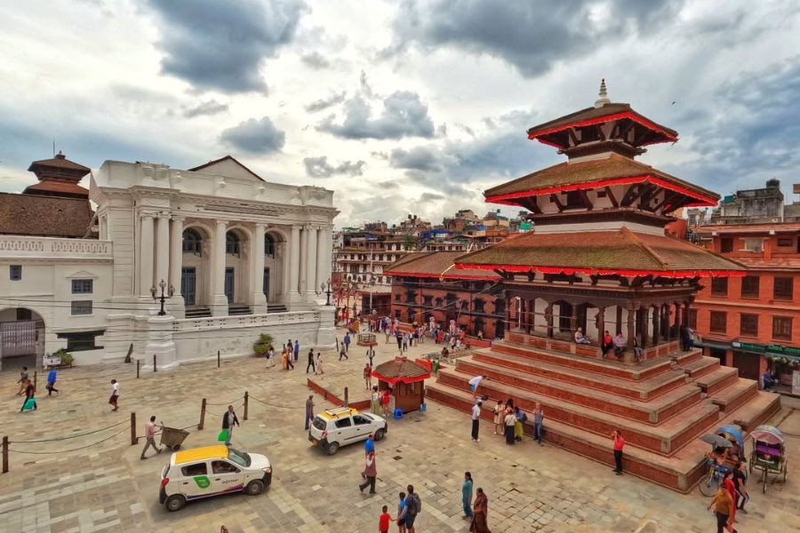 Kathmandu Durbar Square showing traditional architecture and daily life.